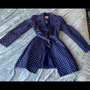 Navy and white polka dotted ModCloth Trench Coat